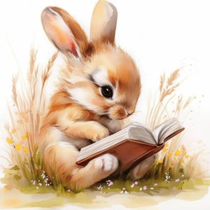 15 Bunny Reading Book Clipart Bundle, Cute Bunny Illustrations, Printable Watercolor Clipart, High Quality JPG, Paper craft, Junk Journals