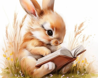 15 Bunny Reading Book Clipart Bundle, Cute Bunny Illustrations, Printable Watercolor Clipart, High Quality JPG, Paper craft, Junk Journals