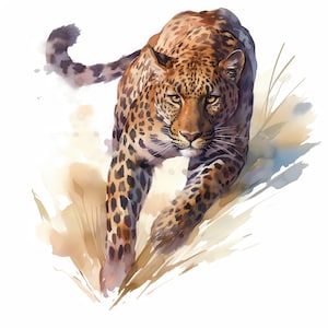 14 Leopard in Mid Air Clipart Bundle, Hunting Leopard Images, Printable Watercolor Clipart, High Quality JPG, Paper craft, Junk Journals
