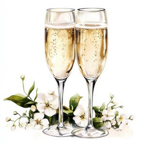 9 bloemen bruiloft glazen clipartbundel, afdrukbare aquarel champagne illustratie, hoge kwaliteit JPG digitale papierkunst, ongewenste tijdschriften