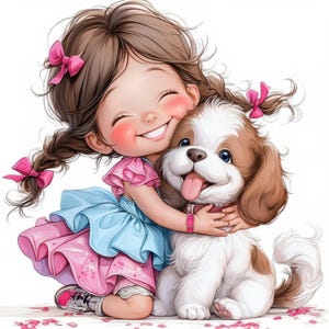 Pacchetto di 11 Clipart di ragazze amanti dei cani, illustrazioni di ragazze carine e divertenti, Clipart di acquerelli stampabili, JPG di alta qualità, creazioni di carta, diari di scarto