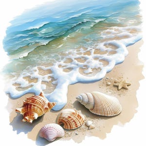 17 Seashells and Waves Clipart Set, Coastal Illustrations, Printable Watercolor Clipart, High Quality JPGs, Digital Download, Commercial Use
