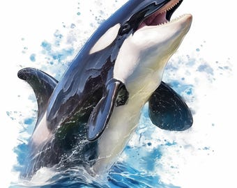 Pakiet 17 klipartów z wielorybami oceanicznymi, ilustracje akwarelowych obrazów orek, drukowane kliparty akwarelowe, wysokiej jakości pliki JPG, prace papierowe, dziennikarstwo