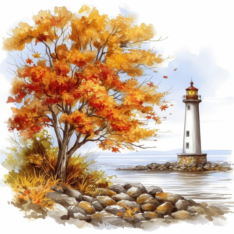 13 Fall Lighthouse View Clipart Bundle, Printable Watercolor Autumn ...