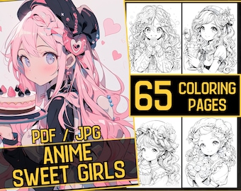Anime Sweet Girls Adult Coloring Book 65 Coloring Pages Book,Grayscale Fantasy Anime Manga Coloring,Instant Download,Printable PDF & JPG