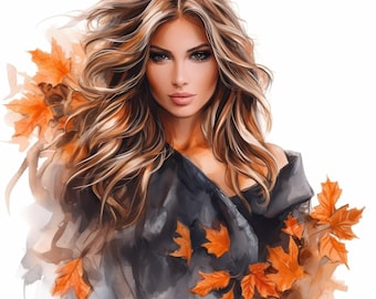 Paquete de 11 imágenes prediseñadas de mujeres con atuendos otoñales, ilustraciones de mujeres en otoño, imágenes prediseñadas de acuarela imprimibles, JPG de alta calidad, manualidades con papel, álbumes de recortes.