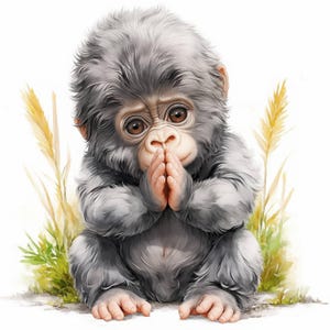Può includere: Illustrazione ad acquerello di un cucciolo di gorilla con pelliccia grigia, occhi marroni e mani giunte. Il gorilla è seduto con un'espressione pensosa, circondato da erba alta e gialla e fogliame verde su sfondo bianco.