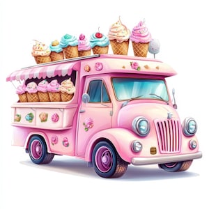 14 Ice Cream Truck Clipart Bundle, Watercolor Summer Graphics, Card Making, Scrapbooking, High Quality JPG, Digital download, junk journal