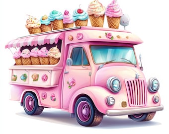 14 Ice Cream Truck Clipart Bundle, Watercolor Summer Graphics, Card Making, Scrapbooking, High Quality JPG, Digital download, junk journal