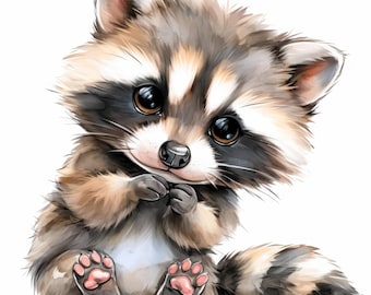 Paquete de 11 imágenes prediseñadas de mapaches adorables, imágenes prediseñadas imprimibles de acuarela para guardería, JPG de alta calidad, descarga digital, manualidades de papel, diario basura