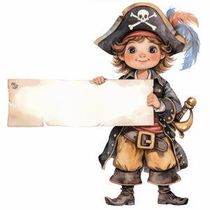 Cartoon Pirates with Labels Clip Art 17 High Res Watercolor JPGs Junk Journaling, Scrapbooking, Card Making, Digital Download, Paper Crafts