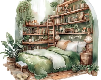 12 Klipartów z Sypialnią Wróżek, Ilustracja Domu Fantazji, Klipart Akwarelowy do Druku, Wysokiej Jakości JPG, Użytek Komercyjny, Rękodzieło Papierowe, Dziennik