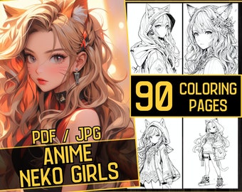 Può includere: Un download digitale di 90 pagine da colorare con ragazze anime neko. L'immagine di copertina mostra una ragazza con orecchie da gatto e un vestito rosso e arancione. Il testo "PDF / JPG ANIME NEKO GIRLS" è visualizzato sulla copertina.