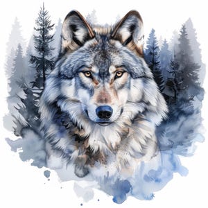 14 Wolf Portrait and Forest Clipart Bundle, Watercolor Wolf Image, Wolf Head Clipart, Scrapbook, Wolf Pack, Wolf In Forest, Forest And Wolf