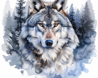 14 Wolf Portrait and Forest Clipart Bundle, Watercolor Wolf Image, Wolf Head Clipart, Scrapbook, Wolf Pack, Wolf In Forest, Forest And Wolf