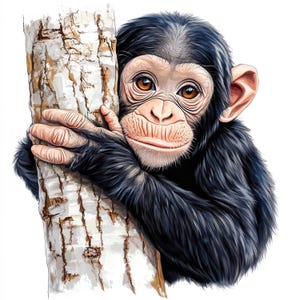 May include: A digital illustration of a chimpanzee cub with dark fur and light brown skin, hugging a tree trunk. The chimpanzee has large, expressive brown eyes and is looking directly at the viewer. The tree trunk is light brown with textured bark.