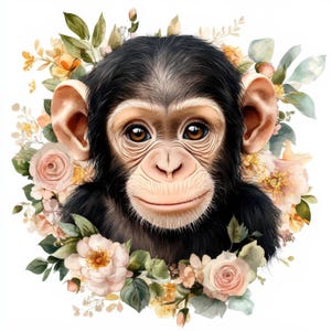 14 Floral Chimpanze Clipart Bundle, Printable Watercolor Monkey Illustration, High Quality JPGs, Digital download, Paper craft, junk journal