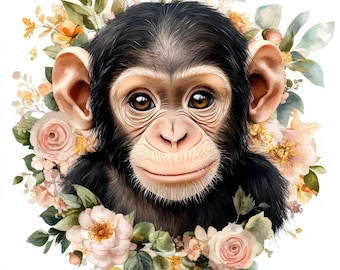 14 Floral Chimpanze Clipart Bundle, Printable Watercolor Monkey Illustration, High Quality JPGs, Digital download, Paper craft, junk journal