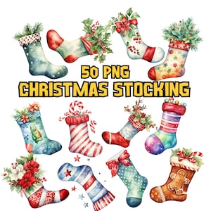 Pacchetto di clipart di calze di Natale ad acquerello, grafica PNG di calze di Natale, illustrazioni di decorazioni natalizie, elementi natalizi, uso commerciale
