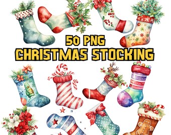 Watercolor Christmas Stockings Clipart Bundle, Xmas Sock PNG Graphics, Christmas Decor Illustrations, Christmas Elements, Commercial Use