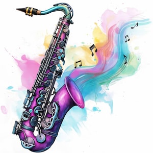 12 Saxophon Clipart Bundle, Musikinstrument Illustration, druckbare Aquarell Clipart, hochwertige JPG, Papierhandwerk, Junk Journals