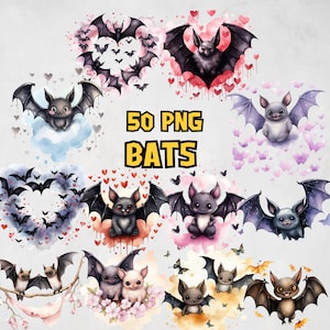 Aquarel vleermuizen clipartbundel, schattige vleermuizen clipartset, griezelige vleermuisafbeeldingen, Halloween decor en illustraties, 50 png-afbeeldingen, commercieel gebruik