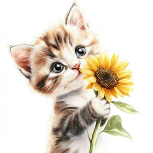 26 Kitten With Flowers Clipart Bundle, Cat Clipart, Clipart de aquarela para impressão, JPGs de alta qualidade, Download digital, Artesanato em papel, diários