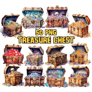 Pacote de clipart de baús de tesouro em aquarela, conjunto de PNG de tesouro pirata, imagens de baú de ouro e pedras preciosas, ilustração de moeda pirata, uso comercial