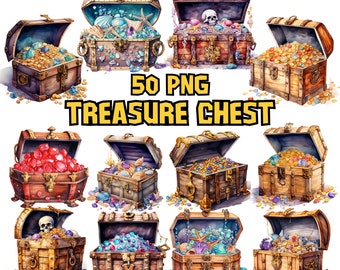 Paquete de imágenes prediseñadas de cofres del tesoro en acuarela, conjunto PNG de tesoros piratas, imágenes de cofres de oro y gemas, ilustración de monedas piratas, uso comercial