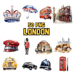 Watercolor London Clipart | London Phone, London Bus, London Taxi, London Crown PNG Illustrations | Instant Download for Commercial Use