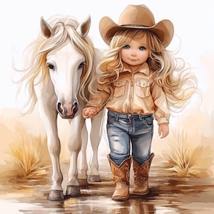 11 Schöne Mädchen und Pferde Clipart Bundle, druckbare Aquarell niedliche kleine Mädchen Illustration, hochwertige JPGs, Junk Journal, Papiermodelle