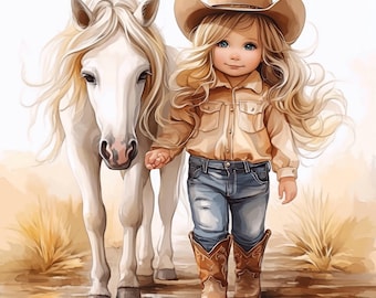 May include: A young girl wearing a brown cowboy hat and a light brown shirt with blue jeans and brown cowboy boots walks next to a white horse.