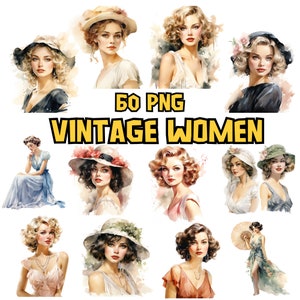 Bundle de cliparts femmes vintage aquarelle, illustrations de dame classique, victorienne, rétro, nostalgique, graphiques PNG, instantané pour usage commercial