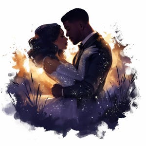 Clip art de pareja de enamorados negros abrazándose, 17 archivos JPG de acuarela de alta resolución, diario basura, álbumes de recortes, fabricación de tarjetas, descarga digital, manualidades de papel