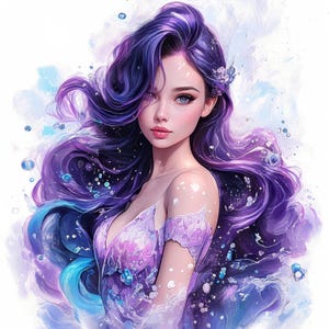 10 Purple Mermaid Clipart, Mermaid Portrait Illustration, Printable Watercolor Clipart, High Quality JPG, Digital download, Junk Journaling