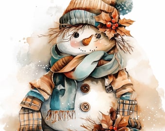 13 Snowman Collection Clipart Bundle, Winter Snowmen Illustration, Printable Watercolor Clipart, High Quality JPG, Paper craft, Junk Journal