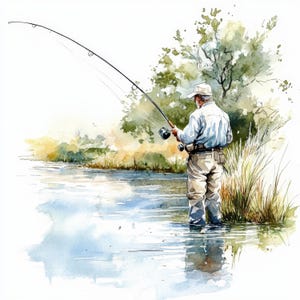 Paquete de 3 imágenes prediseñadas de 10 hombres pescando, ilustración de pescador, imágenes prediseñadas de acuarela imprimibles, JPG de alta calidad, álbum de recortes, manualidades de papel, planificador