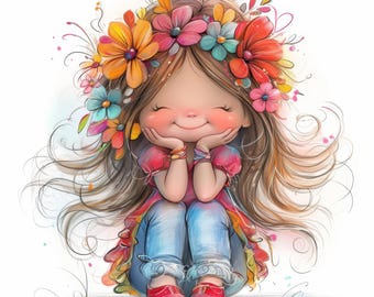 Paquete de 10 imágenes prediseñadas de chicas primaverales, ilustración de chica divertida y adorable, imágenes prediseñadas de acuarela imprimibles, JPG de alta calidad, manualidades de papel, diario basura