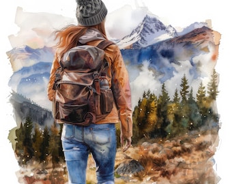 10 Woman Hiking Clipart Bundle, Mountain Hiking Watercolor Clipart Illustrations, High Quality JPGs, Digital download, Paper craft, journals