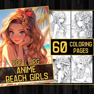 Anime Beach Girls Adult Coloring Book 60 Coloring Pages,Grayscale Summer Girls Anime Manga Coloring,Instant Download,Printable PDF & JPG