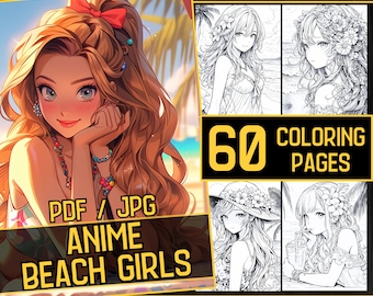 May include: A digital download of 60 coloring pages featuring anime girls on the beach. The pages are available in PDF and JPG formats. The cover image shows a young woman with long blonde hair, wearing a necklace and a red bow in her hair.