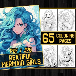Beatiful Mermaid Girls Adult Coloring Book 65 Sea Girl Coloring Pages,Grayscale Anime Manga Coloring,Instant Download,Printable PDF & JPG