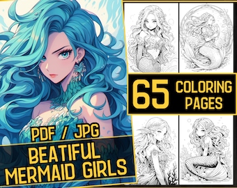 Beatiful Mermaid Girls Adult Coloring Book 65 Sea Girl Coloring Pages,Grayscale Anime Manga Coloring,Instant Download,Printable PDF & JPG