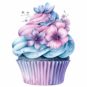 15 種類の花柄カップケーキ クリップアート バンドル、カップケーキ プリント イラスト、印刷可能な水彩画クリップアート、高品質 JPG、ペーパー クラフト、ジャンク ジャーナル