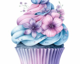 Könnte beinhalten: Ein blauer und rosa Cupcake mit lila und rosa Blumen darauf. Der Cupcake ist mit blauem und rosa Frosting und Streuseln verziert.