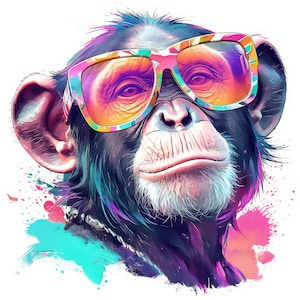 May include: A colorful digital illustration of a chimpanzee wearing vibrant sunglasses. The chimp's fur is dark, contrasted by the bright colors of the glasses and surrounding paint splatters. The image has a modern, artistic style.