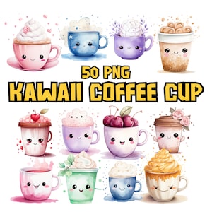 Clipart de taza de café kawaii de acuarela / Amor por el café, lindas y adorables tazas de café, ilustración kawaii / Descarga instantánea para uso comercial