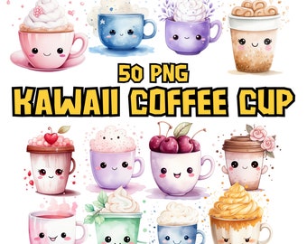 Watercolor Kawaii Coffee Cup Clipart | Coffee Love, Cute Adorable Coffee Cups, Kawaii Illustration | Instant Download for Commercial Use