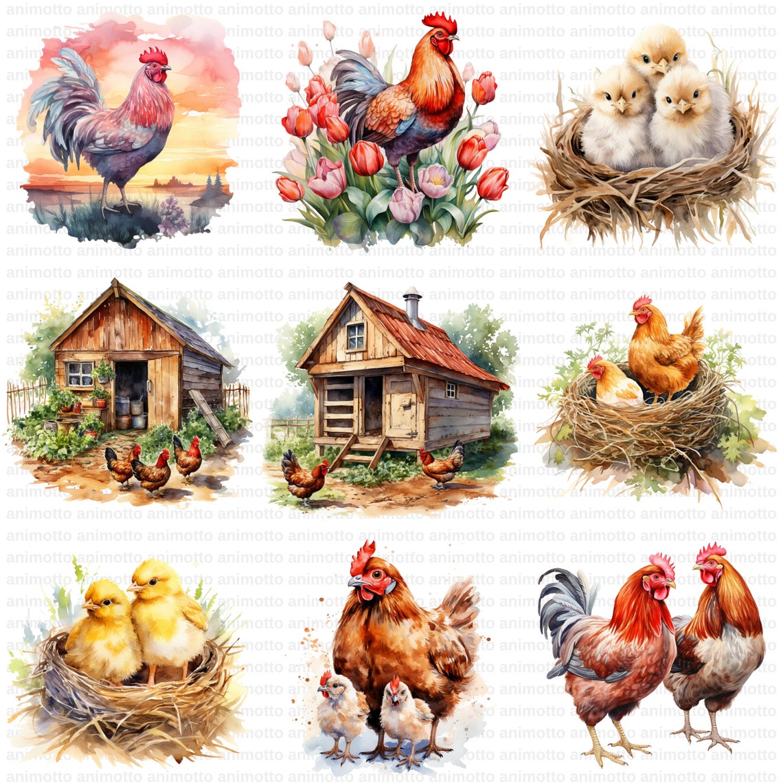 Watercolor Chickens Clipart Bundle | Roaster Clipart Set, Animal PNG ...