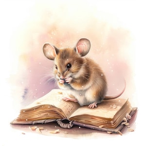 12 set di clipart di libri di lettura di topi, camera da letto di topi, clipart di acquerelli, lavoretti di carta, diario di spazzatura, JPG di alta qualità, download digitale